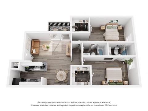 Floor plan for 2 beds, 2 baths, 959 sqft